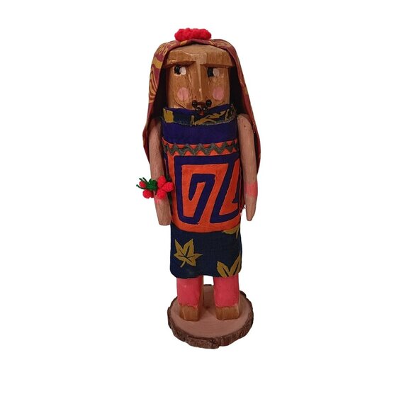 Handcrafted Wooden Tribal Folk Art Doll With Hand-Painted Details & Fabric Dress - Picture 1 of 8